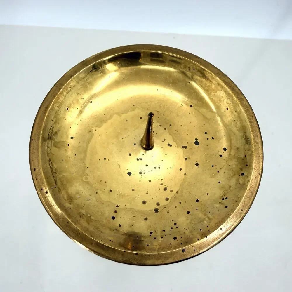 Vintage Tall Brass Pillar Candle Holder Leaf Design with Character